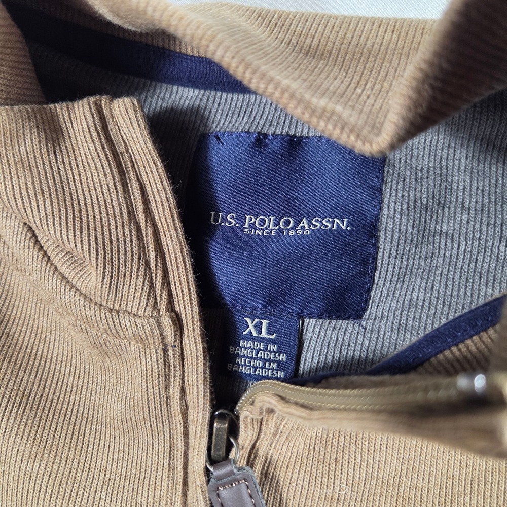US Polo Assn Mens XL Quarter Zip Pullover Tan Brown Ribbed Cotton Blend Sweater - Picture 3 of 7